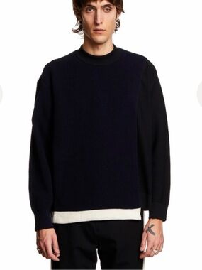 AMBUSH Men's Navy and Black Overlap Crewneck Knit Sweater with White Hem